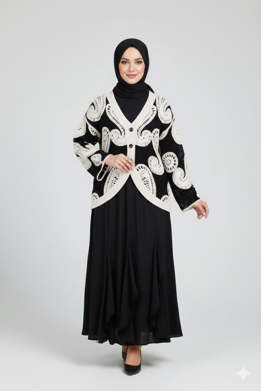2025/12/7672.jpg KREM SİYAH DANTEL HIRKA - Görsel 1