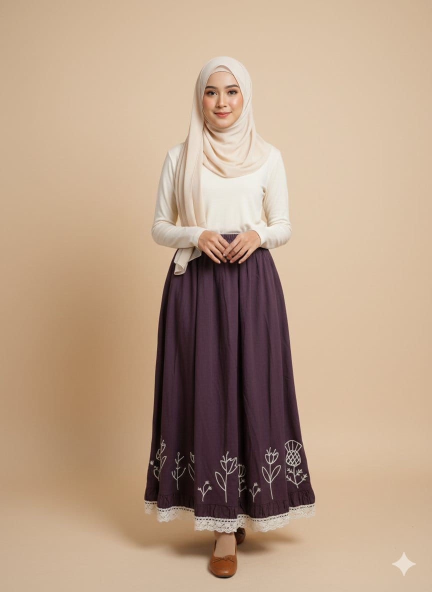 2025/12/7702.jpg MÜRDÜM RENGİ NAKIŞLI VE DANTELLİ ETEK - Görsel 1