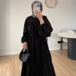 Büzgülü Kat Kat Uzun Elbise, 1-2 Beden