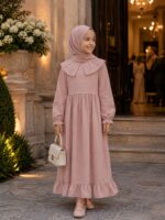 PEMBE NAKIŞLI KETEN ELBİSE